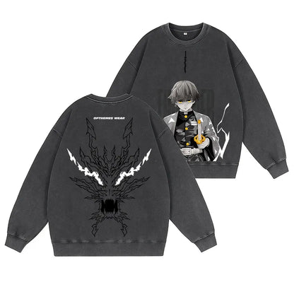 Zenitsu Demon Slayer Vintage Washed Pullover Crew Neck Sweatshirt