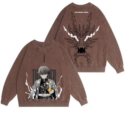 Zenitsu Demon Slayer Vintage Washed Pullover Crew Neck Sweatshirt
